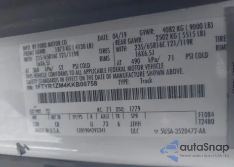 2019 Ford Transit-250 from USA, damaged, VIN 1FTYR1ZM4KKB00758